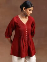 Red Woven Design Silk Blend A-Line Kurti - Image 2