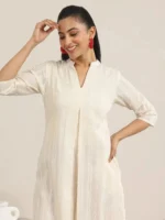 Off White Woven Design Cotton Straight Kurta - Image 2