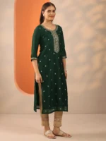 Green Embroidered Silk Blend Straight Kurta - Image 2