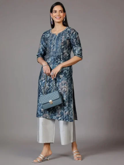 Navy Blue Yoke Design Silk Straight Kurta