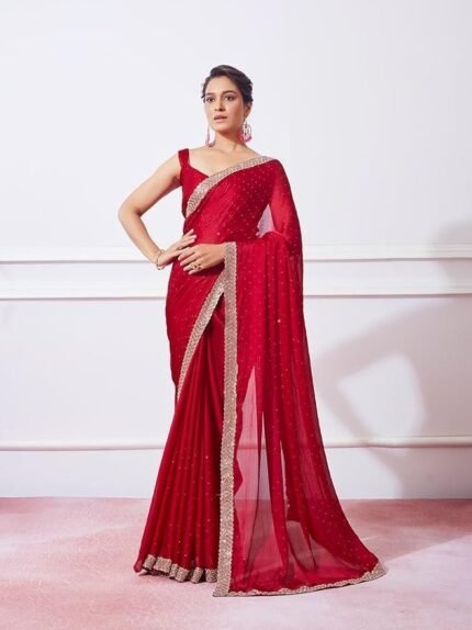 Women's Satin Chiffon All Over Fix Diamond With Lace Work Saree With Matching Unstitched Blouse Piece
