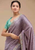 Lavender Printed Soft Raw Silk Saree - Image 2